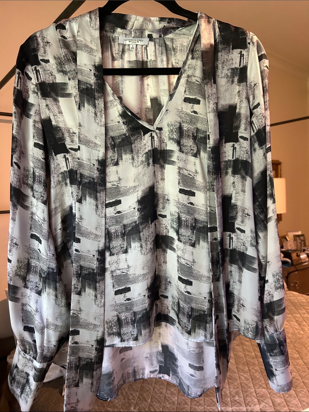 Abstract Brushstroke V-Neck Blouse in Black & White with neck tie .
